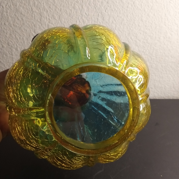 VTG Crackled Blue/Yellow 6" Glass Pumpkin likely Blenko STUNNING. - Picture 4 of 6